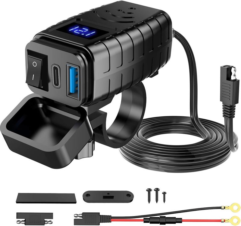 HAOQUOOU Motorcycle Phone Charger,Dual USB Type C PD & Quick Charge 3.0 Motorcycle USB Charger with Voltmeter & ON/Off Switch, Waterproof Motorcycle Accessories for Phone, Tablet, GPS, etc - Image 1